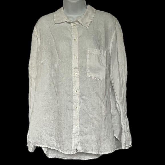 H&M 100% Linen Blouse Shirt White Button Up Long Sleeve 1 Pocket Casual Size L - Picture 1 of 4